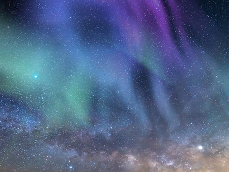 Farbenfrohes Polarlicht in Grün- und Violetttönen am klaren Nachthimmel, durchsetzt von funkelnden Sternen.