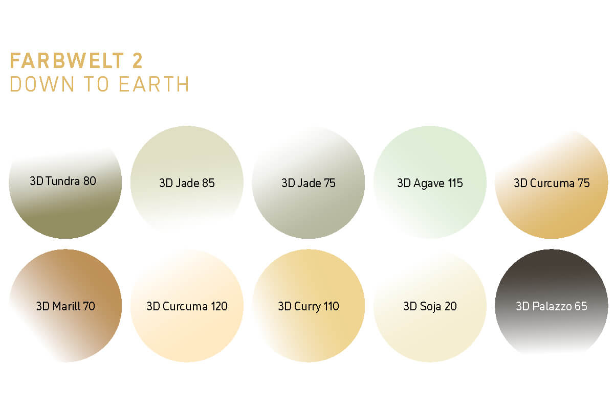 Color chart titled "Farbwelt 2 Down to Earth“ with ten gradient circles labeled: 3D Tundra 80, 3D Jade 85, 3D Jade 75, 3D Agave 115, 3D Curcuma 75, 3D Marill 70, 3D Curcuma 120, 3D Curry 110, 3D Soja 20, 3D Palazzo 65